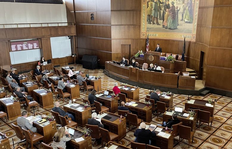 The Oregon state Senate convenes for the first day of the legislative session on Tuesday, Jan. 17, 2023, at the state Capitol in Salem, Ore. Both Democratic and Republican lawmakers have named housing, homelessness and mental health as the top priorities for the session. (AP Photo/Claire Rush)