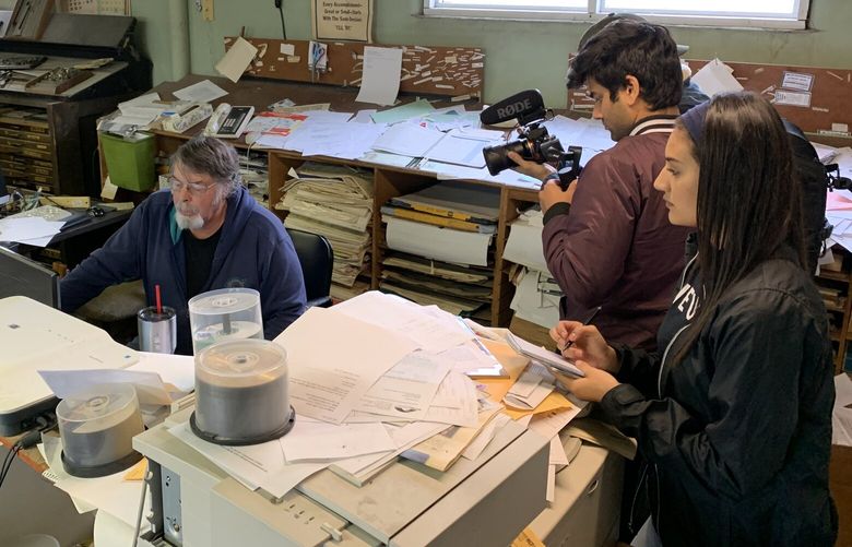 Students from Washington State University’s Edward R. Murrow College of Communication report on a one-man newspaper in Cottonwood, Idaho, as part of the college’s annual “Rural Plunge” in 2019.