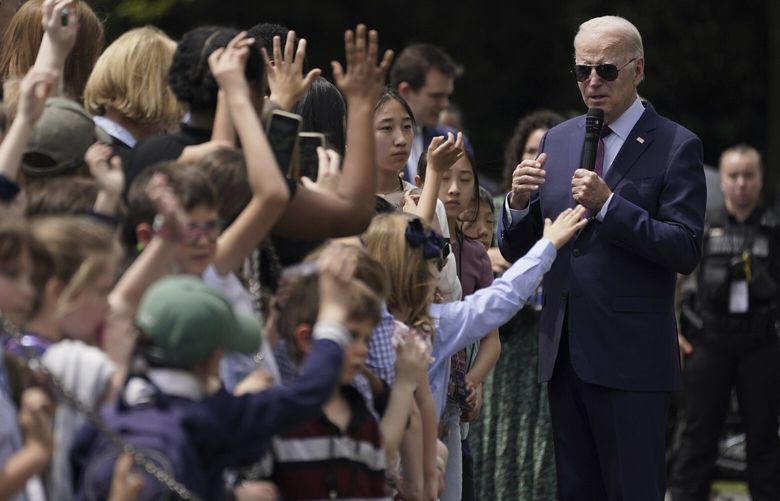 President Joe Biden speaks as he welcomes children to the White House for “Take Your Child to Work Day,” Thursday, April 27, 2023, in Washington. (AP Photo/Evan Vucci) DCEV429 DCEV429