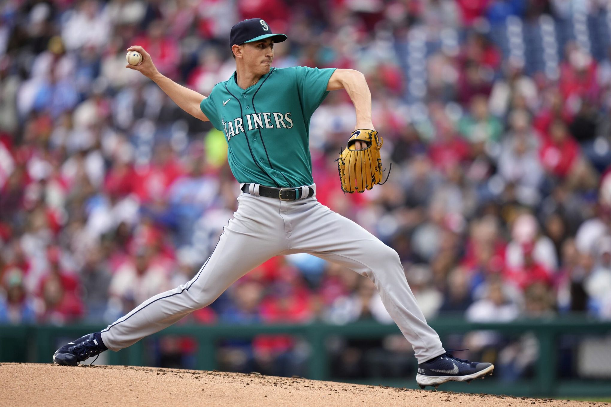 Seattle Mariners' George Kirby plays during a baseball game, Thursday,  April 27, 2023, in Philadelphia. (AP Photo/Matt Slocum Stock Photo - Alamy