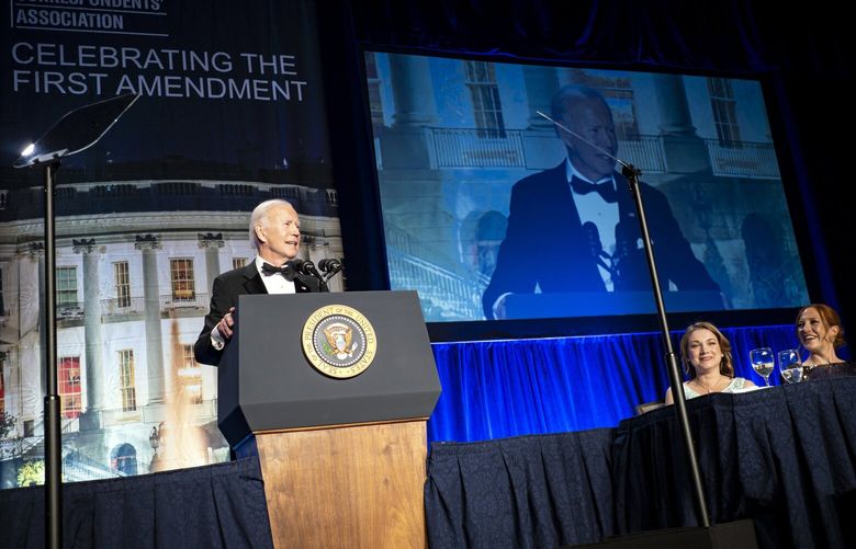 FILE – President Joe Biden speaks at the annual White House Correspondents’ Dinner in Washington on April 30, 2022. Biden, who usually gets out of town most weekends, is scheduled to attend the White House Correspondent’s Dinner on Saturday evening, May 29, 2023. (Pete Marovich/The New York Times) XNYT195 XNYT195