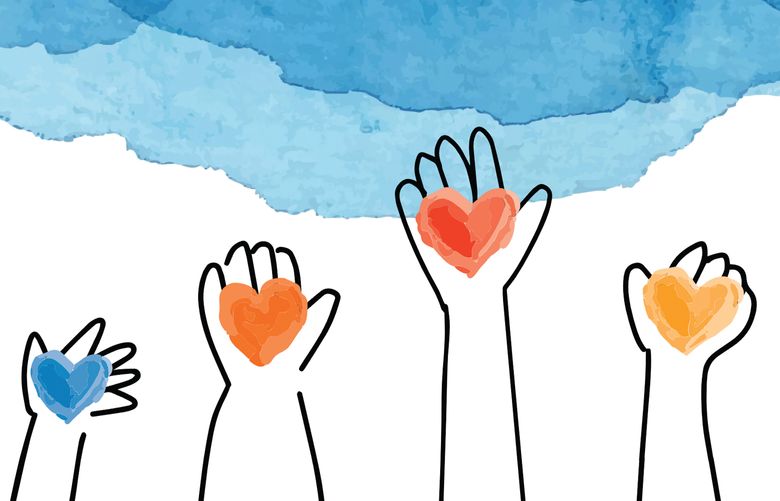 Illustration of four hands holding different colored hearts