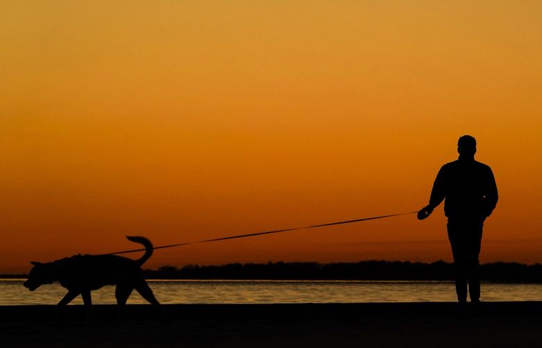 Men enjoy walking along a beach at sunset with their dog, Monday, Dec. 26, 2022, in Pascagoula, Miss., after spending a holiday weekend in rare below-freezing weather. (AP Photo/Kiichiro Sato) XKS101