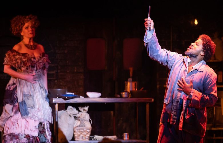 Anne Allgood and Yusef Seevers in “Sweeney Todd: The Demon Barber of Fleet Street” at The 5th Avenue Theatre.