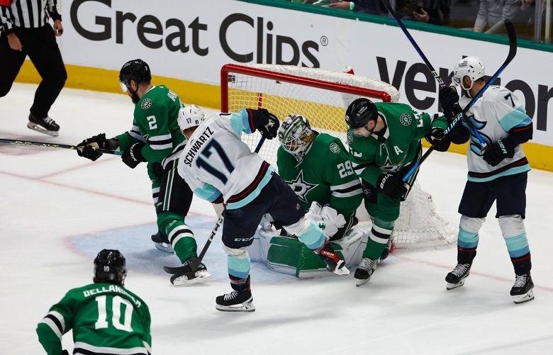 Jaden Schwartz goal to tie 1-1.
The Seattle Kraken played the Dallas Stars in Game 1 of the second round of the Stanley Cup Playoffs Tuesday, May 2, 2023 at American Airlines Arena, in Dallas, TX.
