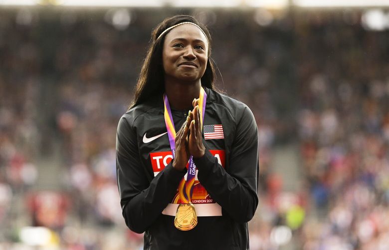 FILE – United States’ Tori Bowie gestures after receiving the gold medal she won in the women’s 100m final during the World Athletics Championships in London, Monday, Aug. 7, 2017. Tori Bowie, the sprinter who won three Olympic medals at the 2016 Rio de Janeiro Games, has died, her management company and USA Track and Field said Wednesday, May 3, 2023. Bowie was 32. She was found Tuesday in her Florida home. No cause of death was given. (AP Photo/Alastair Grant, File) NY159 NY159