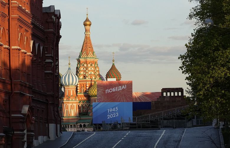 A view of empty Red Square closed for Victory Parade preparation with the St. Basil’s Cathedral and Lenin Mausoleum in the background with words reading “Victory 1945-2023” in Moscow, Russia, on Saturday, April 29, 2023. The parade will take place at Moscow’s Red Square on May 9 to celebrate 78 years of the victory in WWII. (AP Photo/Alexander Zemlianichenko) XAZ119 XAZ119