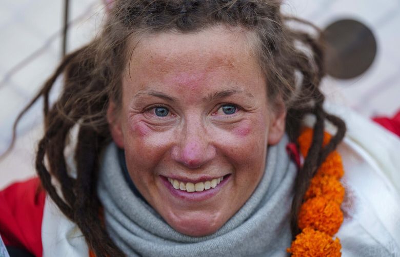 Norwegian climber Kristin Harila, 37, smiles after arriving in Kathmandu, Nepal, Thursday, May 4, 2023. Harila who just became the fastest female climber to scale the 14 highest mountains in the world is now aiming to become the fastest person to complete the feat, beating a record set by a male climber in 2019. (AP Photo/Niranjan Shrestha) XNS101 XNS101