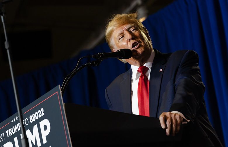— EMBARGO: NO ELECTRONIC DISTRIBUTION, WEB POSTING OR STREET SALES BEFORE 3:01 A.M. ET ON MONDAY, MAY 1, 2023. NO EXCEPTIONS FOR ANY REASONS — Former President Donald Trump at a campaign event in Manchester, N.H., April 27, 2023. In Arizona, where independents are a crucial voting bloc, there might not be the same sense of urgency for a Biden-Trump rematch. (Sophie Park/The New York Times) XNYT63 XNYT63