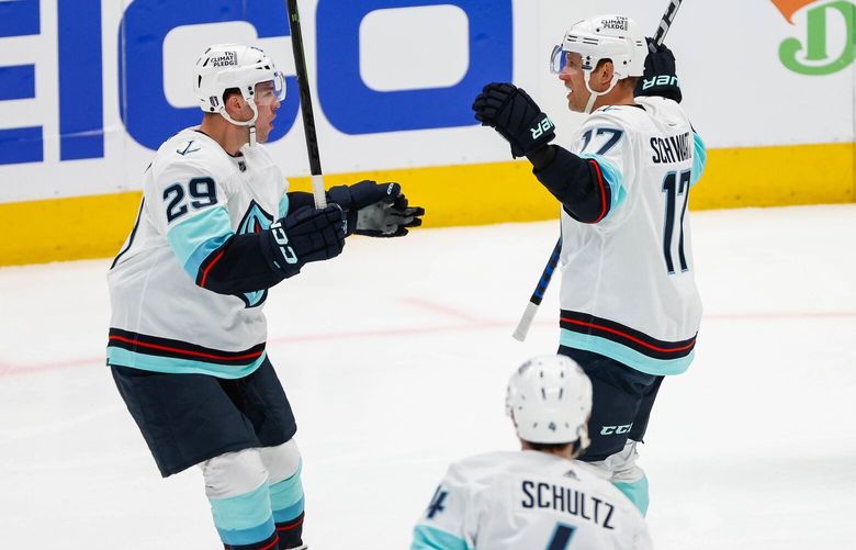 #17 Jaden Schwartz  and #29 Vince Dunn celebrate #4 Justin Schultz’s  tying goal 2-2 in the first period.