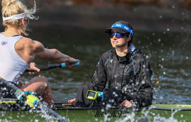 Coxswain Grace Murdock motivates and navigates her crew’s shell Thursday morning during practice in Seattle, Washington of April 27, 2023.