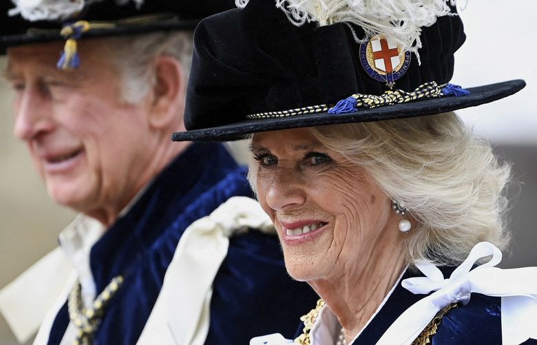 FILE – Britain’s Prince Charles and Camilla, Duchess of Cornwall arrive for the Order of the Garter service at Windsor Castle, in Windsor, England, Monday, June 13, 2022. (Toby Melville/Pool Photo via AP, File) XROY122 XROY122