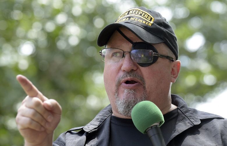 FILE – Stewart Rhodes, founder of the citizen militia group known as the Oath Keepers, speaks during a rally outside the White House in Washington, on June 25, 2017. The Justice Department is seeking 25 years in prison for Rhodes, the Oath Keepers founder convicted of seditious conspiracy for what prosecutors described as a violent plot to keep President Joe Biden out of the White House, according to court papers filed Friday, May 5, 2023. (AP Photo/Susan Walsh, File) NYAB520 NYAB520
