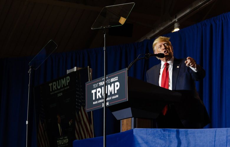 FILE – Former President Donald Trump speaks during a campaign rally in Manchester, N.H., April 27, 2023. Trump is seeking to move his criminal case from New York State Supreme Court to federal court, one of his lawyers said on Thursday, May 4. (Sophie Park/The New York Times) XNYT116 XNYT116