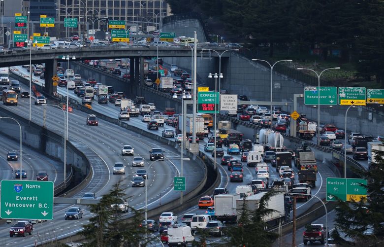 Traffic heads northbound on I-5 during the morning rush hour on Wednesday, March 15, 2023. Hump Day” takes on new meaning post pandemic, as Wednesday becomes the most congested point of the workweek. New data from late 2022 show a massive change in commute habits, as most downtown employees work at home Mondays and Fridays and go in-person midweeks.