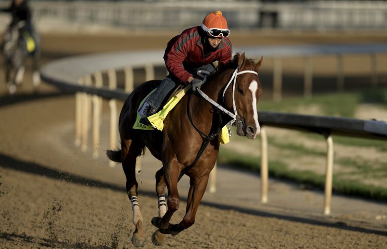 Kentucky Derby hopeful Mage works out at Churchill Downs Tuesday, May 2, 2023, in Louisville, Ky. The 149th running of the Kentucky Derby is scheduled for Saturday, May 6. (AP Photo/Charlie Riedel) OTKCR OTKCR