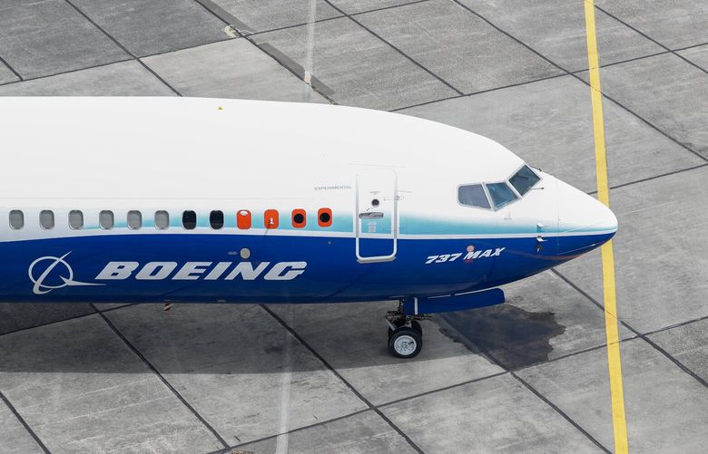 A Boeing 737-10 flight test airplane sits on the tarmac outside Boeing’s Seattle Delivery Center at Boeing Field in June 2022. This largest MAX model is expected to be certified to fly passengers late next year. Tuesday’s deal with Ryanair brings the MAX 10 order book to around 1,000 jets. 