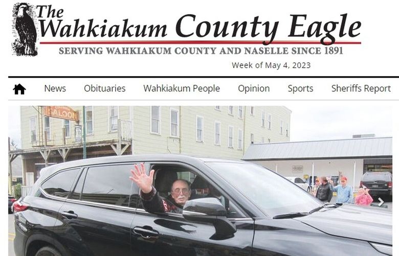 A screenshot of The Wahkiakum County Eagle’s web page, with a front page picture of the homecoming of Rick Nelson, publisher and editor.