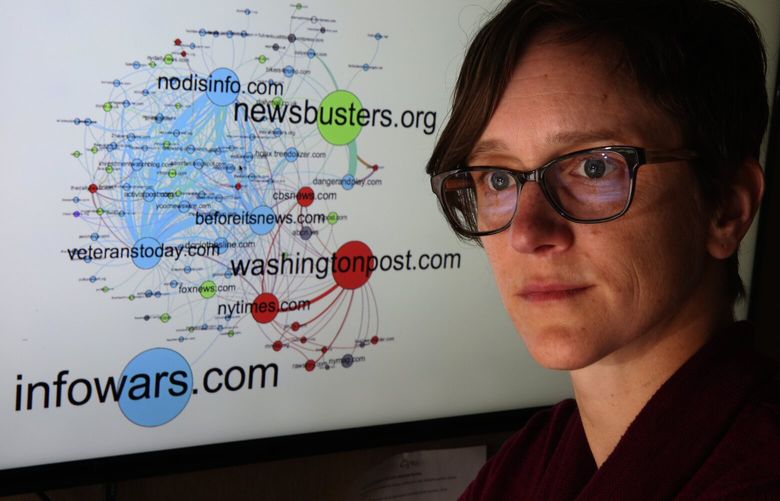 University of Washington assistant professor at Human Centered Design & Engineering, Kate Starbird, with a domain network graph she developed looking at tweets relating to 2016 shootings, Tuesday, March 28, 2017, in her Seattle office. The blue sites traffic in alternative narratives — including conspiracy theories and ‘fake news’ — while the red sites deny alternative narratives relating to the shootings. Infowars.com is represented with a large circle because Starbird said these tweets are amplified by bots, even though they aren’t as well connected to others. Starbird examined the phenomenon of how people peddle bizarre conspiracy theories on social media after mass shootings and used it to map an “alternative media,” aka fake news, ecosystem that has surprising power and reach. “There is an information war for our minds, and we’re losing it,” she says. 201334