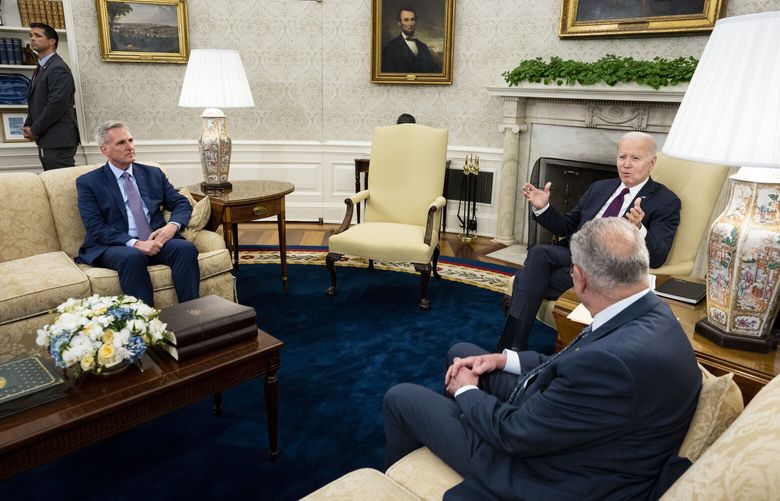 President Joe Biden meets with House Speaker Kevin McCarthy (R-Calif.), left, and Senate Majority Leader Chuck Schumer (D-N.Y.) in the Oval Office of the White House in Washington, May 9, 2023. The president hosted  congressional leaders at the White House on Tuesday to discuss their impasse over the debt ceiling and spending cuts. (Doug Mills/The New York Times) XNYT17 XNYT17