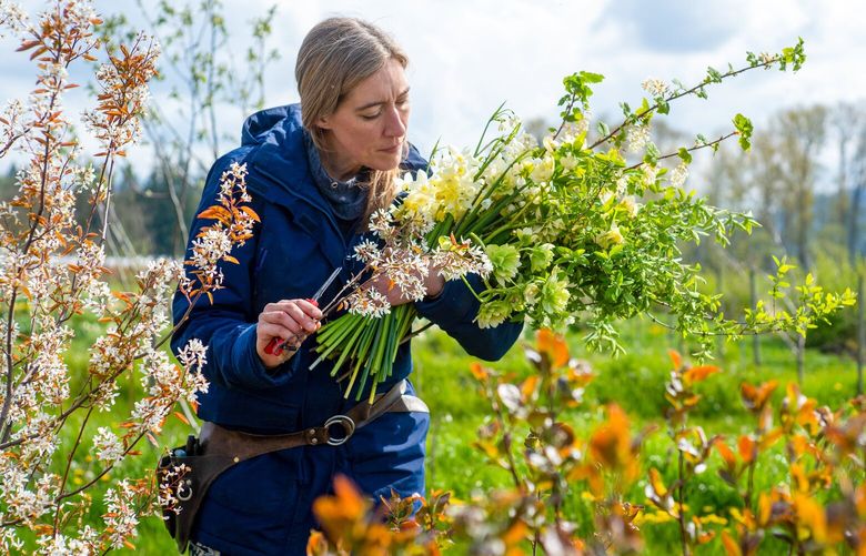 Erin Benzakein plans an arrangement with flowers she picked from the Floret farm.