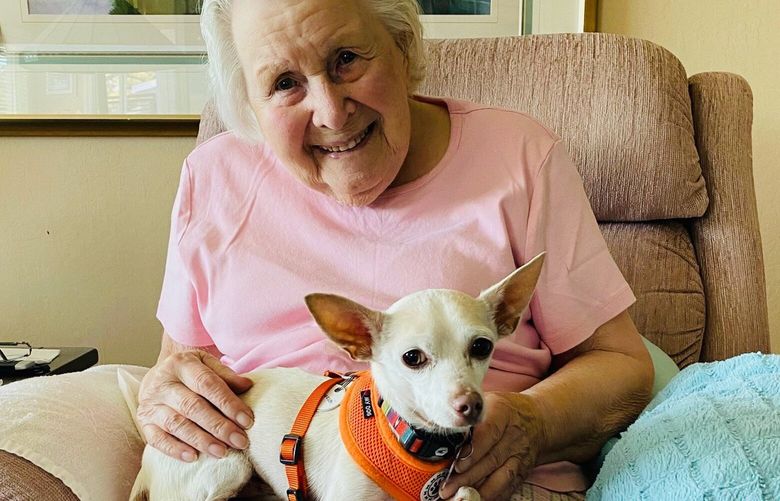 Johanna Carrington with Gucci at her home in Moss Beach, Calif. She was 100 when she adopted the dog from San Francisco’s Muttville Senior Dog Rescue last year. MUST CREDIT: Debbie Carrington photo