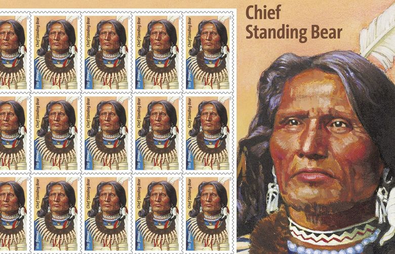 This image provided by the U.S. Postal Service shows the new stamp honoring Native American civil rights leader Chief Standing Bear, issued on Friday, May 12, 2023. Standing Bear won a landmark court ruling in 1879 recognizing that Native Americans are entitled to inherent rights under the law. Art director Derry Noyes designed the stamp. (U.S. Postal Service via AP) NYAJ501M NYAJ501M