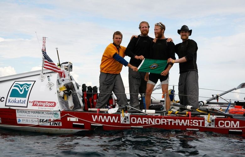 After 70 days at sea the crew crosses the finish line first out of four boats in the 2006 Shepard Ocean Fours Race from New York to England.  This finish line was 70 miles from the mainland.  After this photo the crew continued to row with almost no food left and unassisted to become the first crew to row mainland to mainland without assistance and earned a Guinness World record. August 18, 2006 . L to R:  Dylan LeValley, Brad Vickers, Greg Spooner, and Jordan Hanssen.