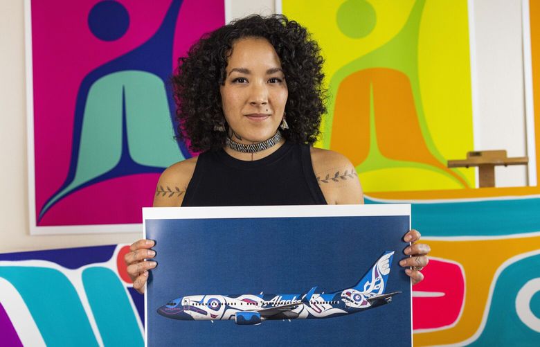 Crystal Kaakeeyáa Rose Demientieff Worl designed the paint theme unveiled Tuesday by Alaska Air. Worl, a painter and muralist, is Tlingit Athabascan from Raven moiety, Lukaax_.ádi Sockeye Clan, from the Raven House and is Deg Hit’an Athabascan from Fairbanks, and Filipino.