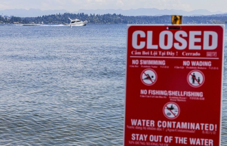 Waves push and pull as a sign warns about water contamination at Madrona Beach on Tuesday, Aug. 23, 2022. A power outage at King County Wastewater’s East Pine Street Pump Station in Madrona caused an overflow of sewer water into Lake Washington Monday, prompting officials to warn people not to swim or allow pets in the water at Howell and Madrona beaches