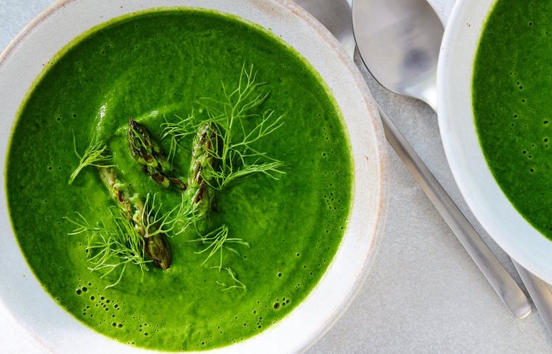 Asparagus-leek soup in New York, May 4, 2023. Spinach, zucchini, fennel and a brilliantly flavored mix of herbs back up asparagus in this verdant but easy soup. Food styled by Maggie Ruggiero. XNYT41