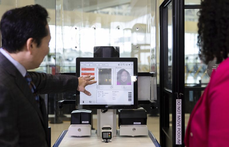 Transportation Security Administration’s Identity Management Capabilities Manager Jason Lim demonstrates new facial recognition technology at a Baltimore-Washington International Thurgood Marshall Airport security checkpoint on April 26, 2023, in Glen Burnie, Maryland. (AP Photo / Julia Nikhinson)