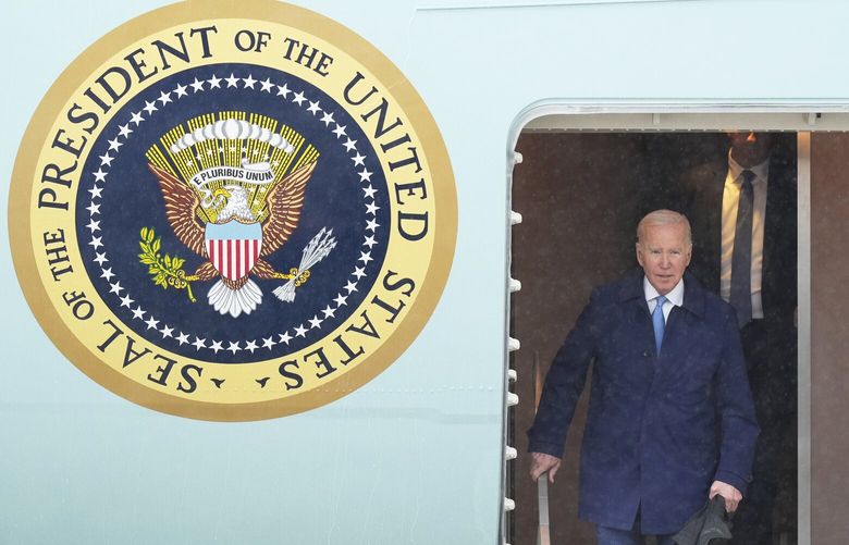U.S. President Joe Biden walks down the steps of Air Force One upon arrival at Marine Corps Air Station Iwakuni, western Japan, Thursday, May 18, 2023, en route to Hiroshima for the Group of Seven nations’ summit that starts Friday. (AP Photo/Hiro Komae) IWHK106 IWHK106