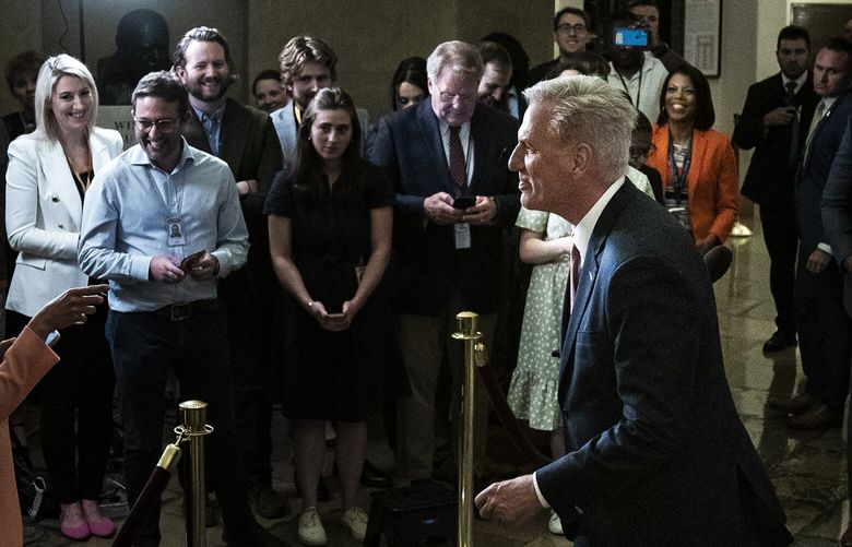 House Speaker Kevin McCarthy (R-Calif.) speaks with reporters on Tuesday, moments after returning from a meeting with President Biden and other congressional leaders at the White House to discuss the debt ceiling. MUST CREDIT: Washington Post photo by Jabin Botsford