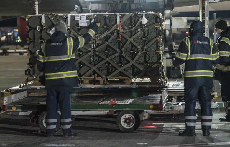 FILE — A delivery of military equipment including Javelin missiles from the United States arrives at Boryspil Airport, outside Kyiv, Ukraine, on Jan. 25, 2022. The Biden administration has been under bipartisan pressure to explain how it intended to continue sending weapons to Ukraine quickly without asking Congress for more money. (Brendan Hoffman/The New York Times) XNYT194 XNYT194
