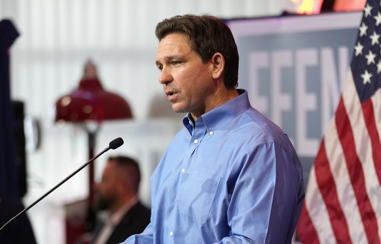 Florida Gov. Ron DeSantis speaks during a fundraising picnic for U.S. Rep. Randy Feenstra, R-Iowa, Saturday, May 13, 2023, in Sioux Center, Iowa. (AP Photo/Charlie Neibergall) IACN1 IACN1