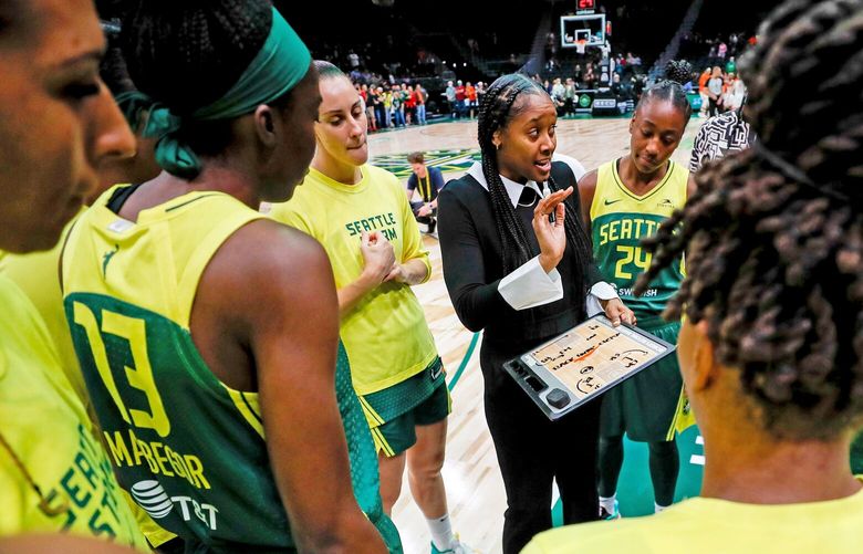 Climate Pledge Arena – Seattle Storm vs. Connecticut Sun – 060522

Seattle Storm head coach Noelle Quinn talks to her team before the start of a game Sunday, June 5, 2022 in Seattle, Wash. 220611