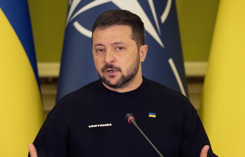 FILE – Ukrainian President Volodymyr Zelenskyy talks during a joint press conference with NATO Secretary General Jens Stoltenberg in Kyiv, Ukraine, April 20, 2023. China said Thursday, May 18, 2023 its special envoy met with Zelenskyy during talks in Kyiv earlier this week. (AP Photo/Efrem Lukatsky, File) TKMY103 TKMY103