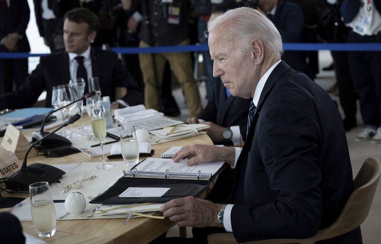 U.S. President Joe Biden attends a meeting during the G7 Leaders’ Summit in Hiroshima, western Japan Friday, May 19, 2023. (Brendan Smialowski/Pool Photo via AP) TKMY374 TKMY374