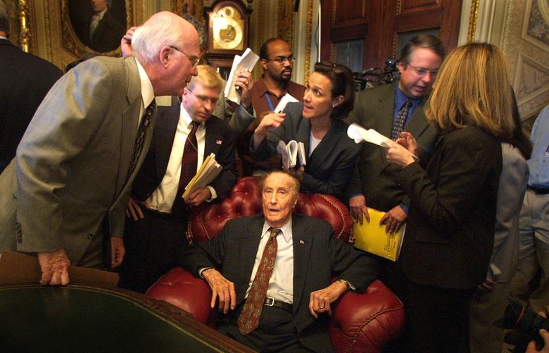 FILE — Sen. Strom Thurmond (R-S.C.), center, at the Capitol in Washington on Oct. 18, 2001. Thurmond stayed in office until he was the age of 100. (Stephen Crowley/The New York Times) XNYT171 XNYT171