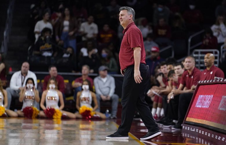 Washington State head coach Kyle Smith stands on the sideline during the second half of an NCAA college basketball game against Southern California Sunday, Feb. 20, 2022, in Los Angeles. (AP Photo/Marcio Jose Sanchez)