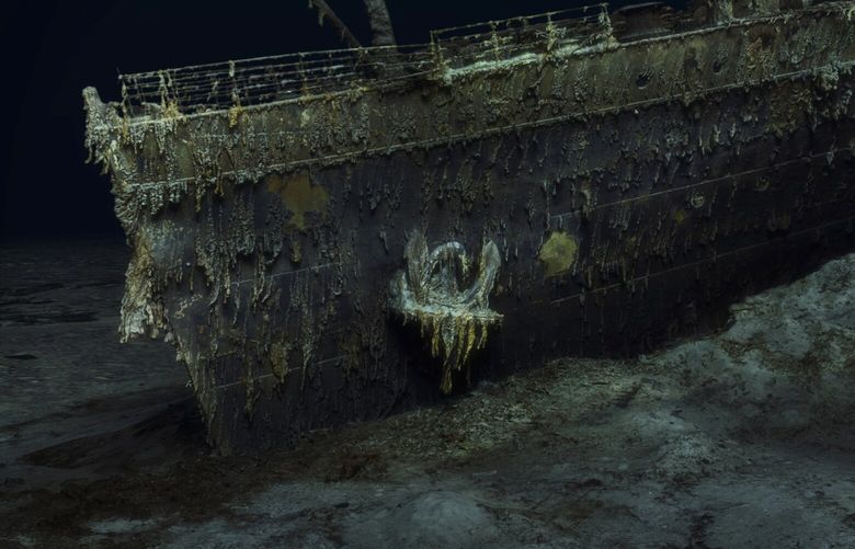 In this grab taken from a digital scan released by Atlantic/Magellan on Thursday, May 18, 2023, a view of the bow of the Titanic, in the Atlantic Ocean created using deep-sea mapping. Deep-sea researchers have completed the first full-size digital scan of the Titanic wreck, showing the entire relic in unprecedented detail and clarity, the companies behind a new documentary on the wreck said Thursday. Using two remote operated submersibles, a team of researchers spent six weeks last summer in the North Atlantic mapping every millimeter of the shipwreck and the surrounding 3-mile debris field, where personal belongings of the ocean liner’s passengers such as shoes and watches were scattered. (Atlantic/Magellan via AP) XAMB802 XAMB802