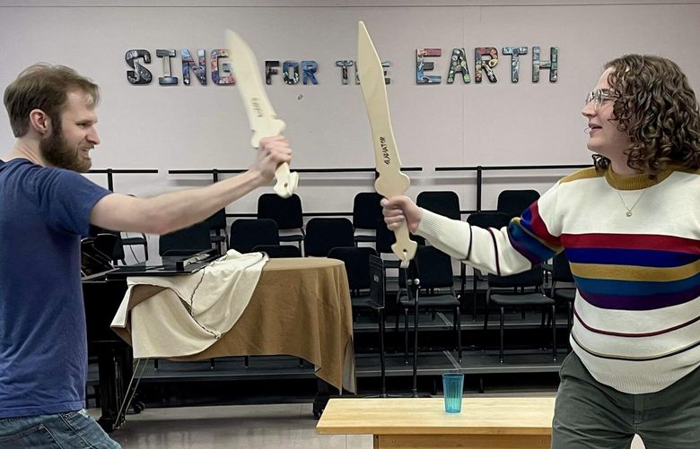 Staging rehearsal/fight choreography for Lowbrow Opera Collective’s “Achilles and Patroclus,” featuring (left to right) Robin-Wyatt Stone and Jae Bernado.
