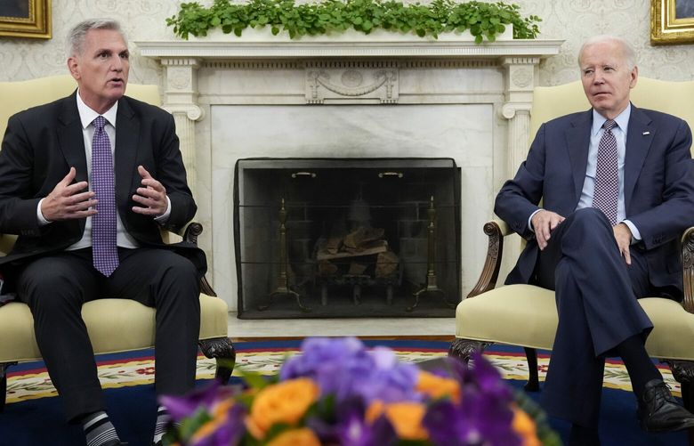 House Speaker Kevin McCarthy of Calif., speaks as he meets with President Joe Biden to discuss the debt limit in the Oval Office of the White House, Monday, May 22, 2023, in Washington. (AP Photo/Alex Brandon) DCAB425 DCAB425