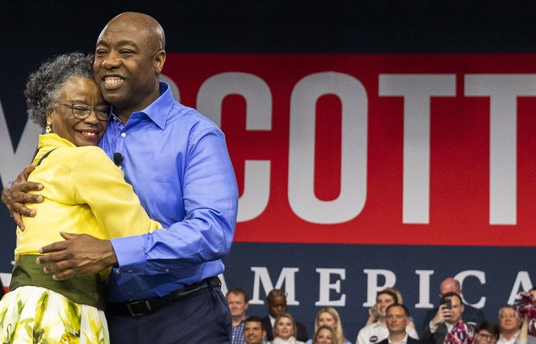Republican presidential candidate Tim Scott hugs his mother Frances Scott after announcing his candidacy for president of the United States on the campus of Charleston Southern University in North Charleston, S.C., Monday, May 22, 2023. (AP Photo/Mic Smith) SCMS109 SCMS109