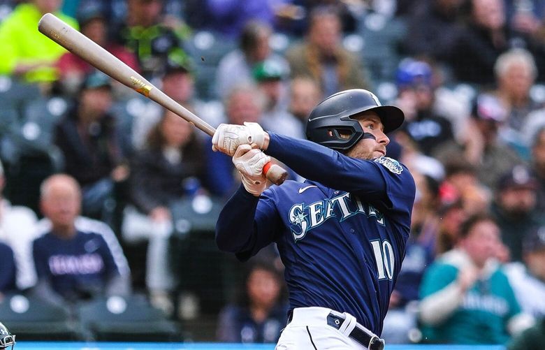Jarred Kelenic launches a 2-run homer in the first inning Monday against Oakland. 223889
