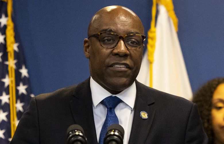 Illinois Attorney General Kwame Raoul speaks on the findings of his office’s investigation into Catholic Clergy Child Sex Abuse in Chicago, on Tuesday, May 23, 2023. Raoul released the results of a sweeping investigation into allegations of sexual abuse by Catholic clergy in the state on Tuesday. (Eileen T. Meslar/Chicago Tribune via AP) ILCHT401 ILCHT401