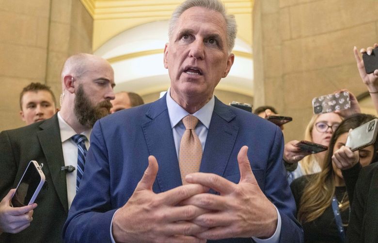 House Speaker Kevin McCarthy of Calif., speaks to reporters, Tuesday, May 23, 2023, as returns to his office from the House floor on Capitol Hill in Washington, as debt limit negotiations continue. (AP Photo/Jacquelyn Martin) DCJM210 DCJM210