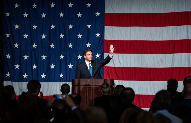 **EMBARGO: No electronic distribution, Web posting or street sales before 3 am. ET Wednesday, May 24, 2023. No exceptions for any reasons. EMBARGO set by source.** FILE – Gov. Ron DeSantis (R-Fla.) delivers keynote remarks at an event hosted by Peoria County Republicans in Peoria, Ill. on Friday, May 12, 2023. As the Florida governor prepares to enter the 2024 race, a super PAC with a mountain of cash is building an army of organizers. (Haiyun Jiang/The New York Times) XNYT0440 XNYT0440