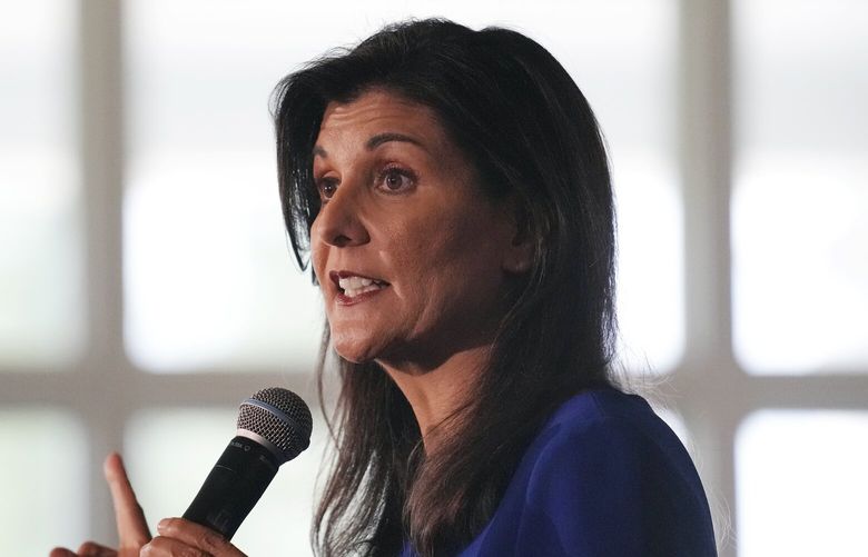 Republican presidential candidate Nikki Haley addresses a campaign gathering, Wednesday, May 24, 2023, in Bedford, N.H. (AP Photo/Charles Krupa) NHCK112 NHCK112